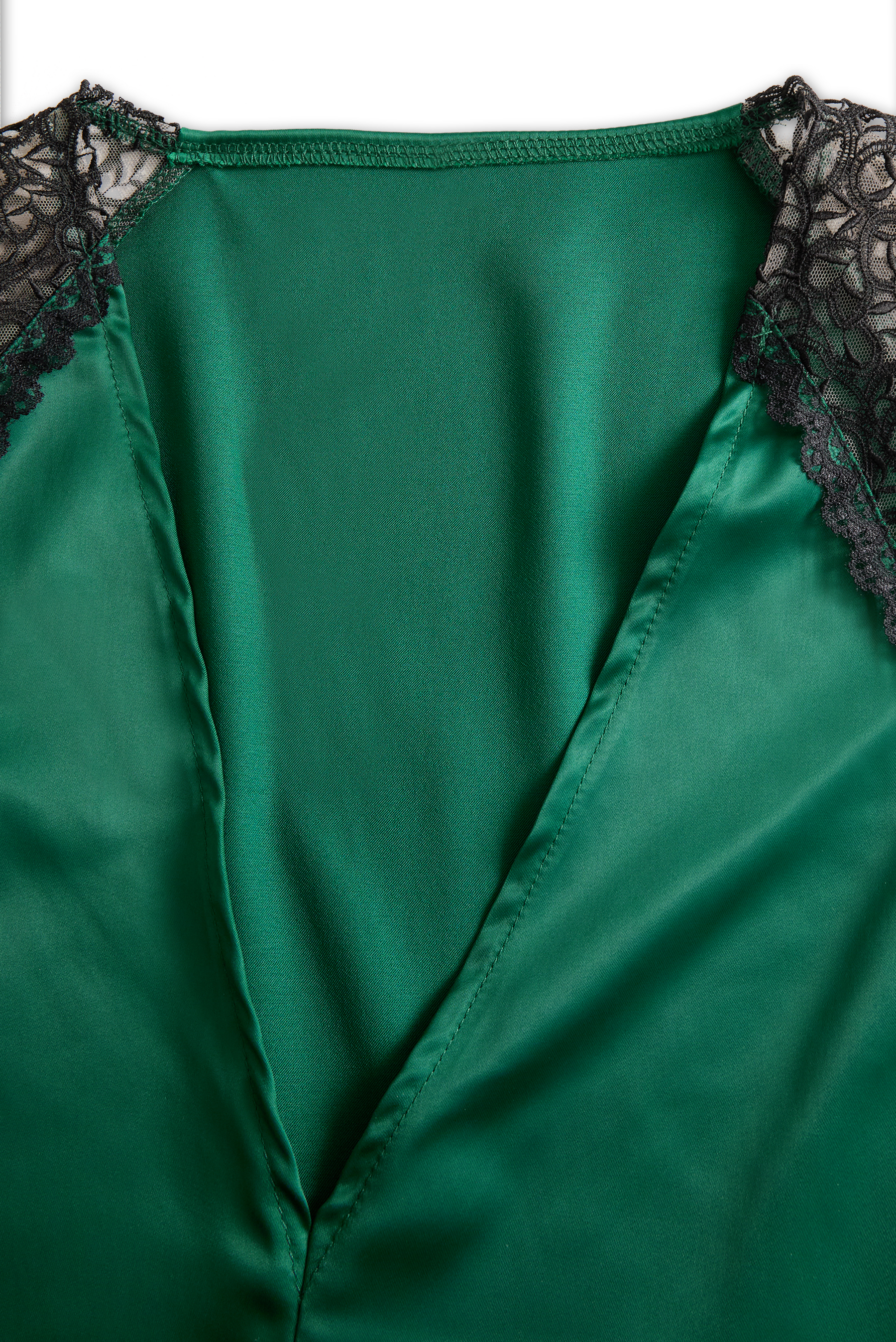 Deep V-Neck Satin Blouse with Lace Details | Emerald Allure