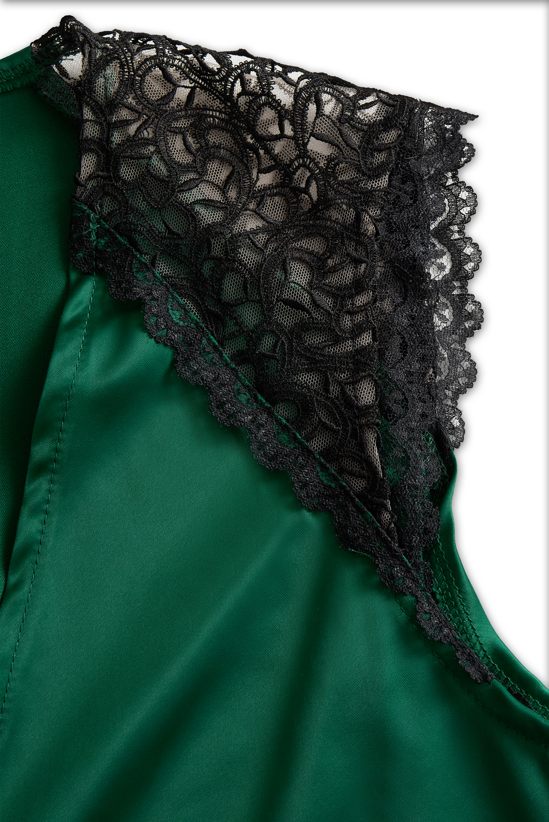 Deep V-Neck Satin Blouse with Lace Details | Emerald Allure