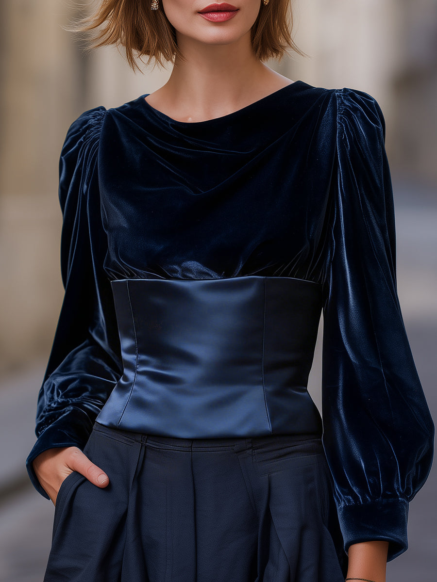 Velvet Draped Long-Sleeve Top With Sculpted Waist