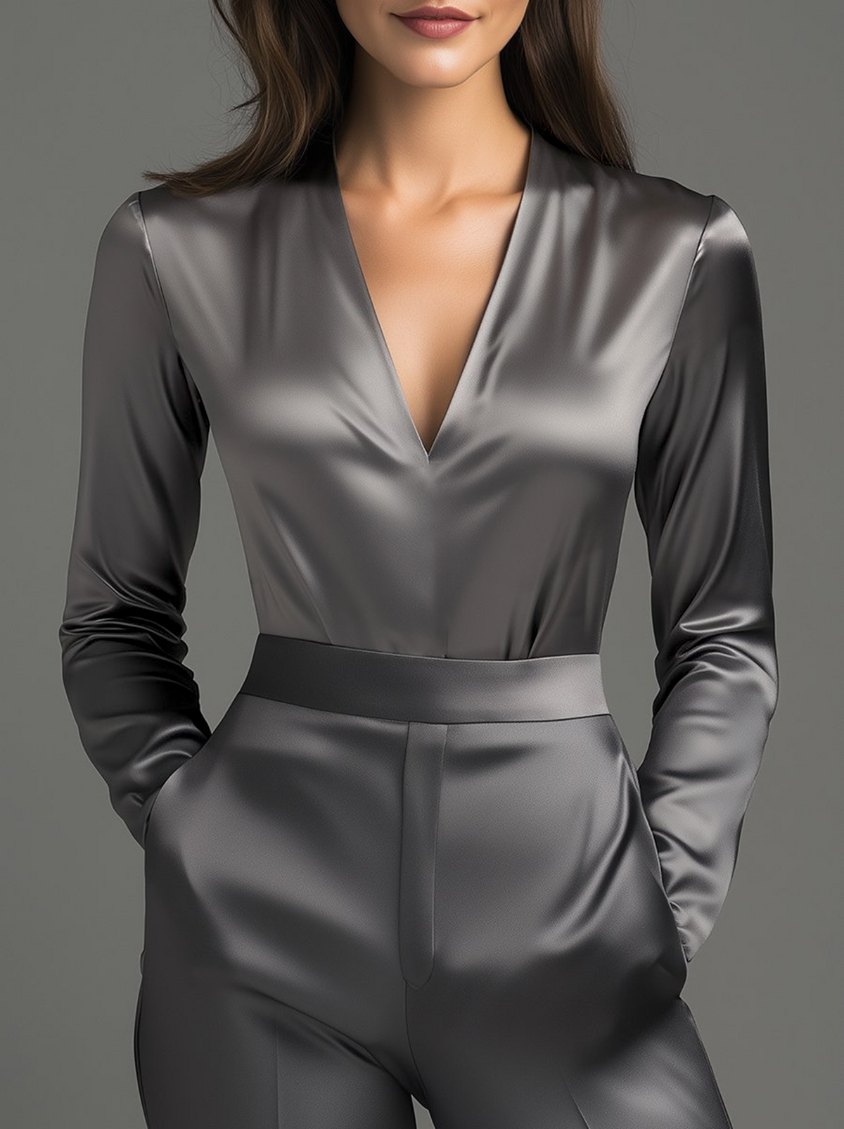 Charcoal Grey Satin Blouse with Subtle Tailored Fit