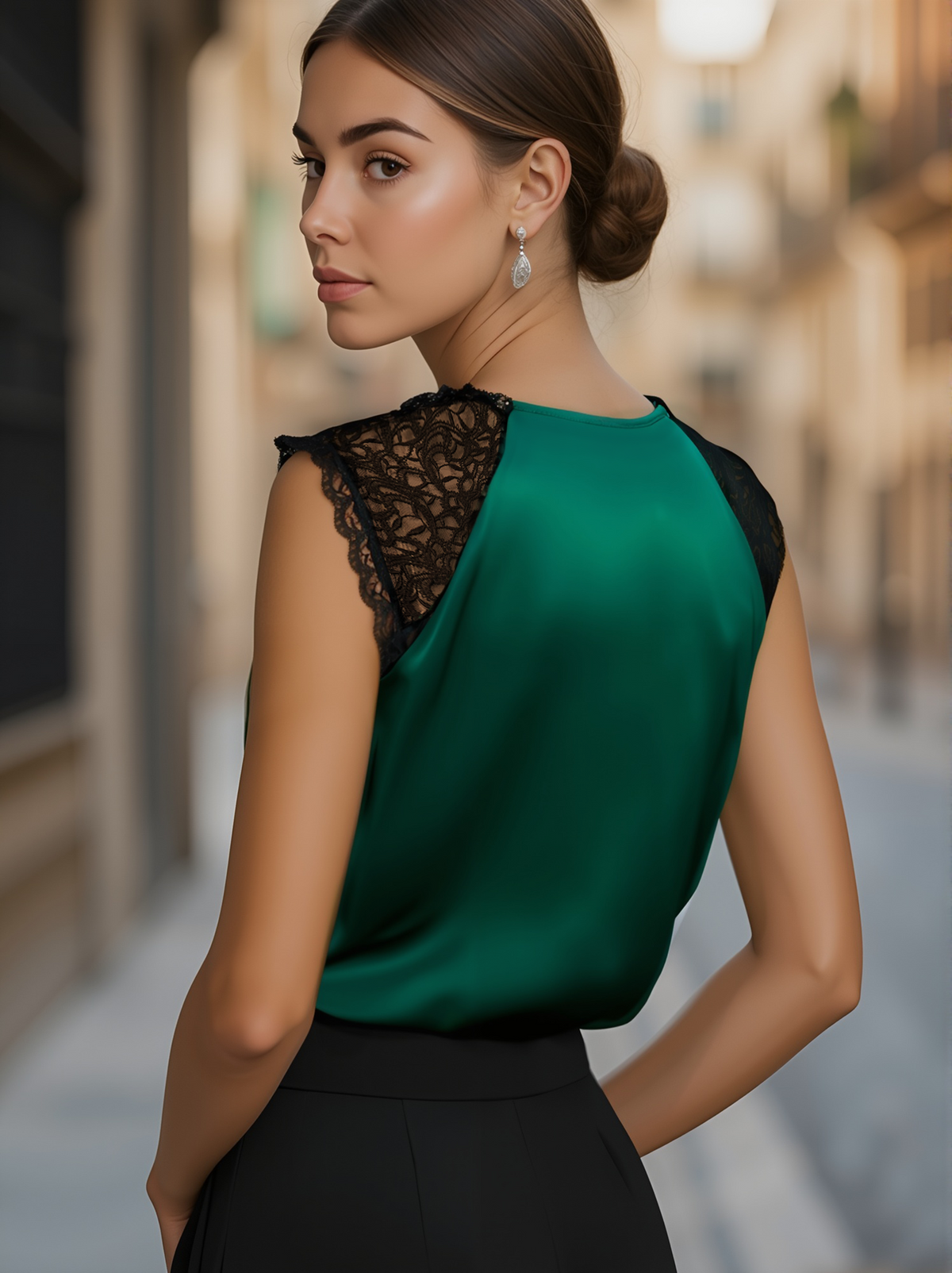 Deep V-Neck Satin Blouse with Lace Details | Emerald Allure