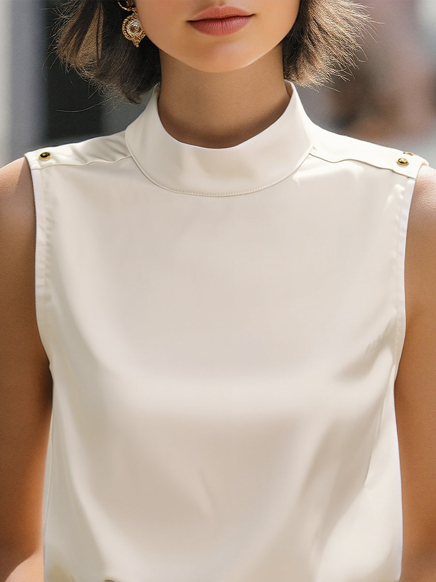 Elegant Ivory High-Neck Sleeveless Satin Blouse