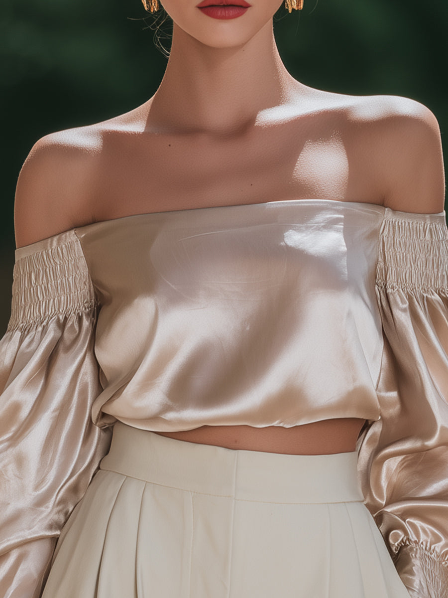Silk-Feel Off-Shoulder Blouse With Smocked Sleeves