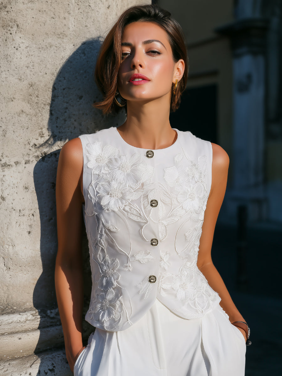 Elegant Sleeveless Floral Embroidered Vest Top