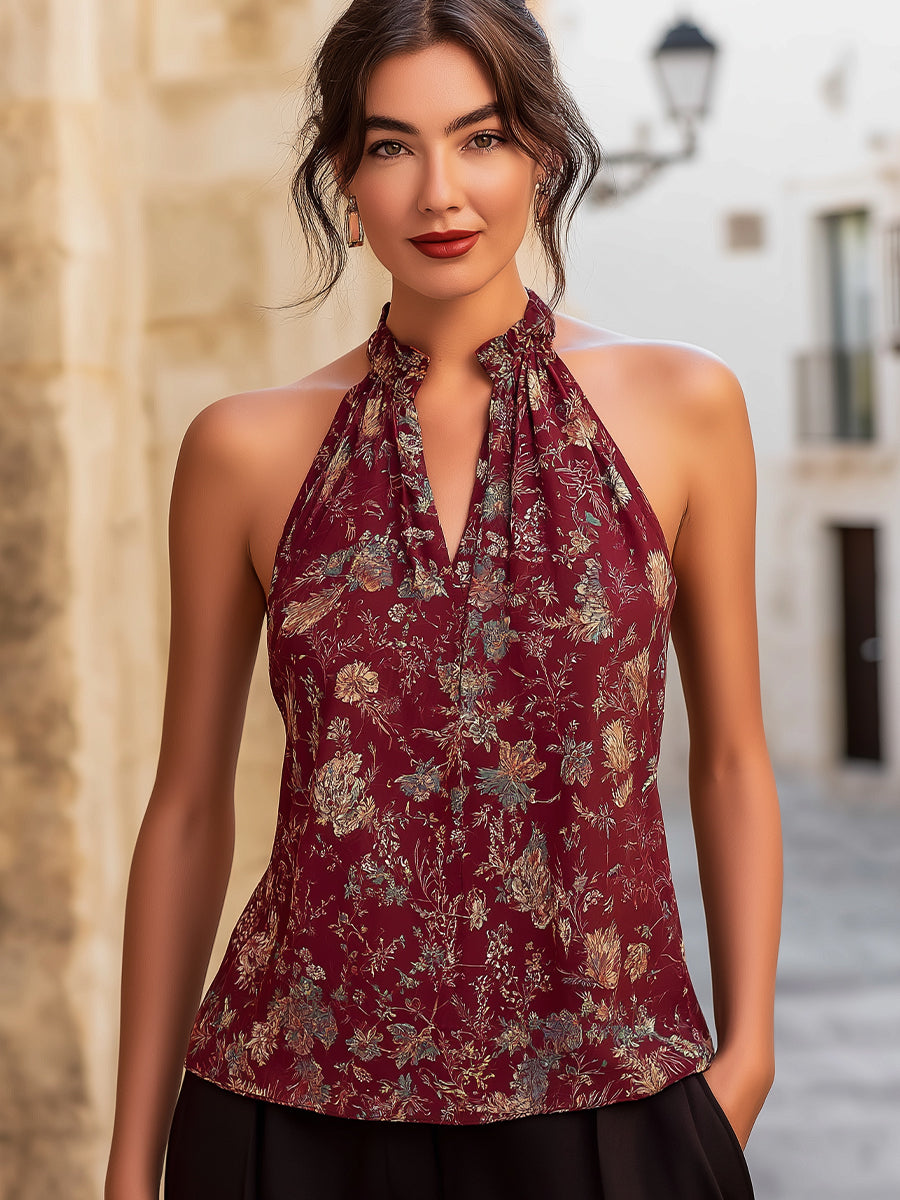 Halter-Neck Botanical Print Blouse With Keyhole Detail