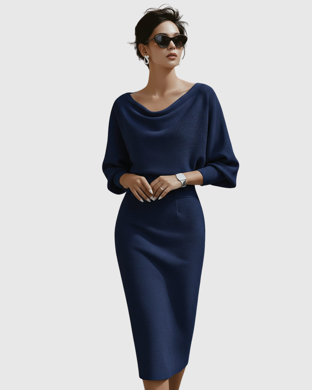 Ismeria | White Draped Batwing Midi Dress