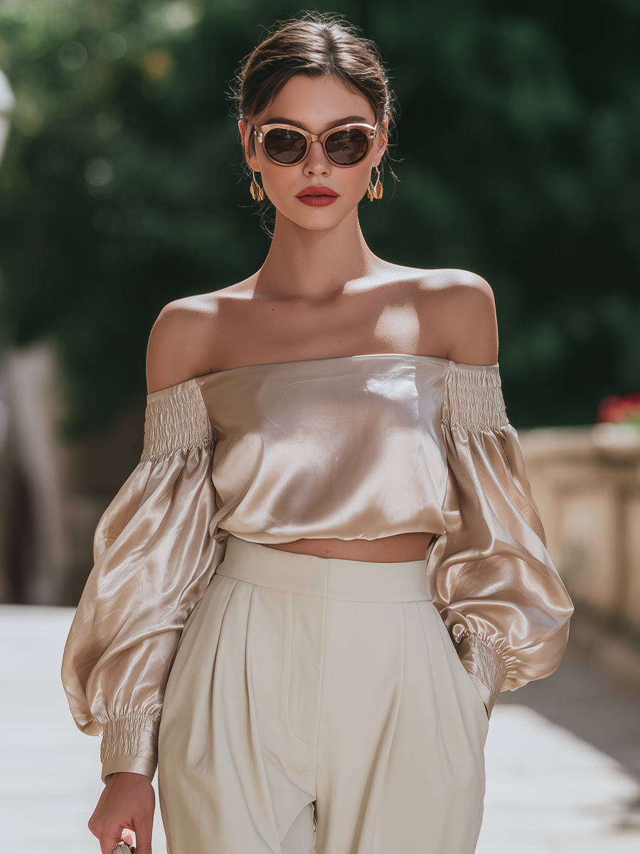 Silk-Feel Off-Shoulder Blouse With Smocked Sleeves