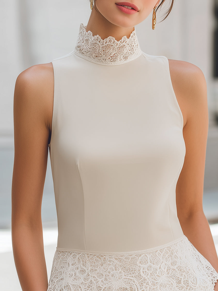Lace Mock Neck Sleeveless Elegant Top Blouse