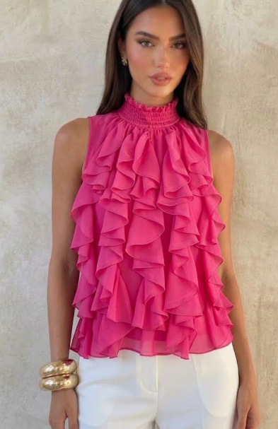 Ruffled High-Neck Sleeveless Chiffon Blouse