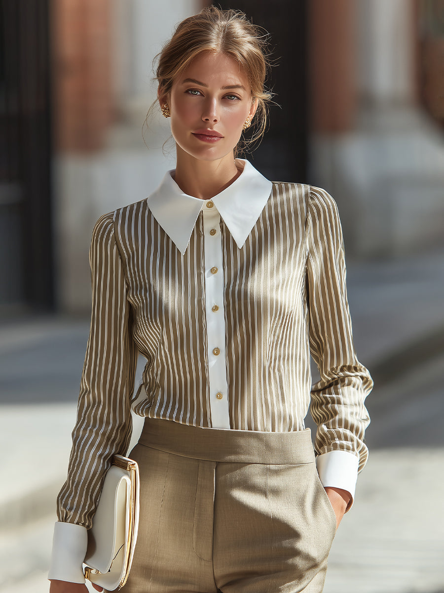 Long Sleeve Contrast Collar Striped Blouse