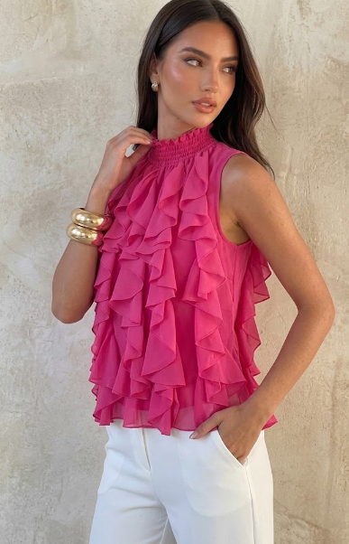 Ruffled High-Neck Sleeveless Chiffon Blouse