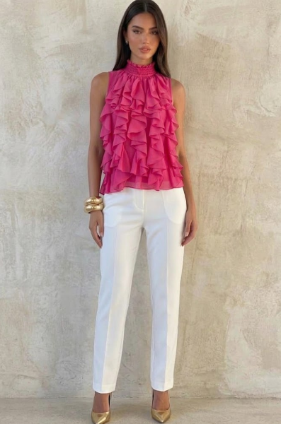Ruffled High-Neck Sleeveless Chiffon Blouse