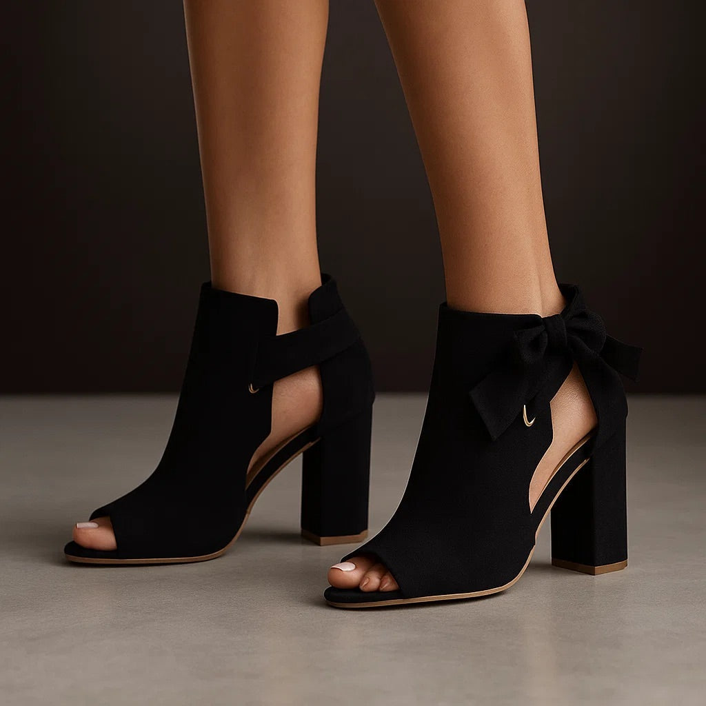 Callie - Suede Peep-Toe Block Heel Sandals With Ankle Bow