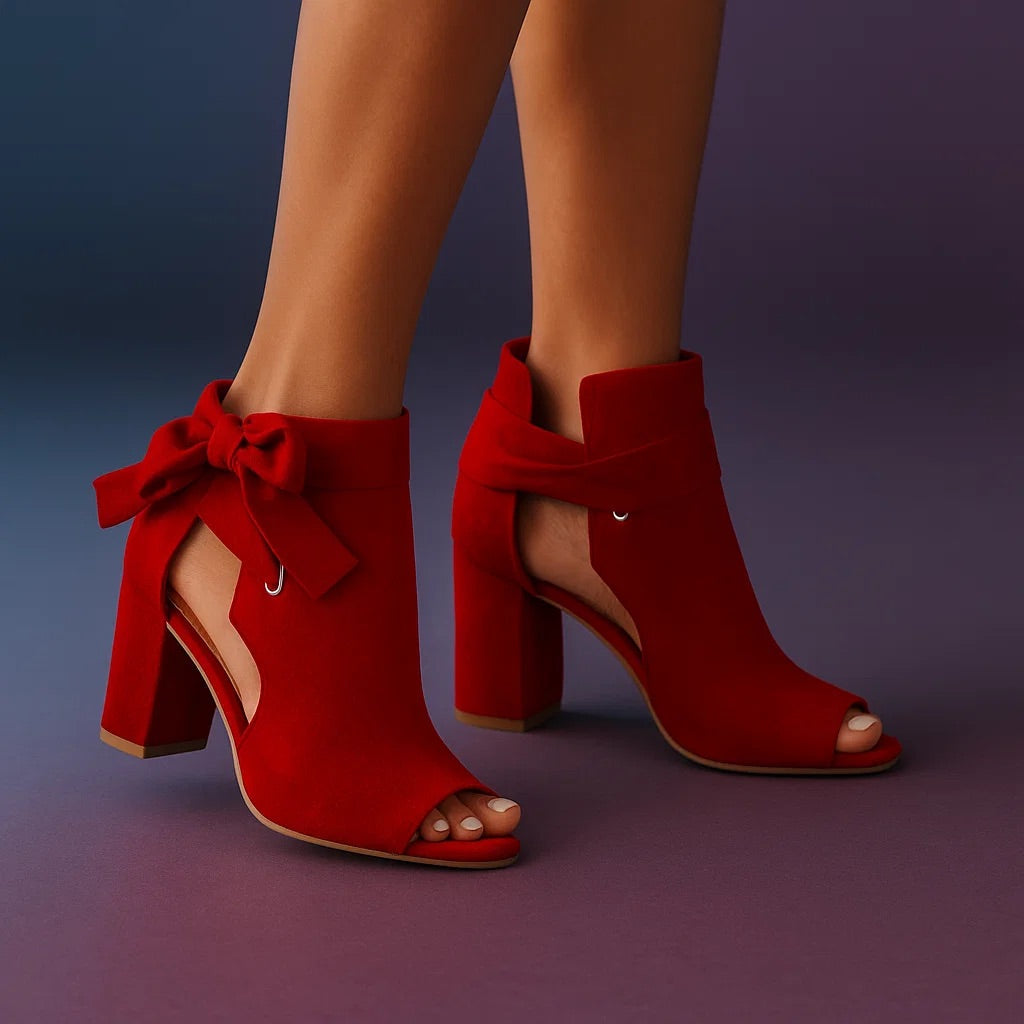 Callie - Suede Peep-Toe Block Heel Sandals With Ankle Bow