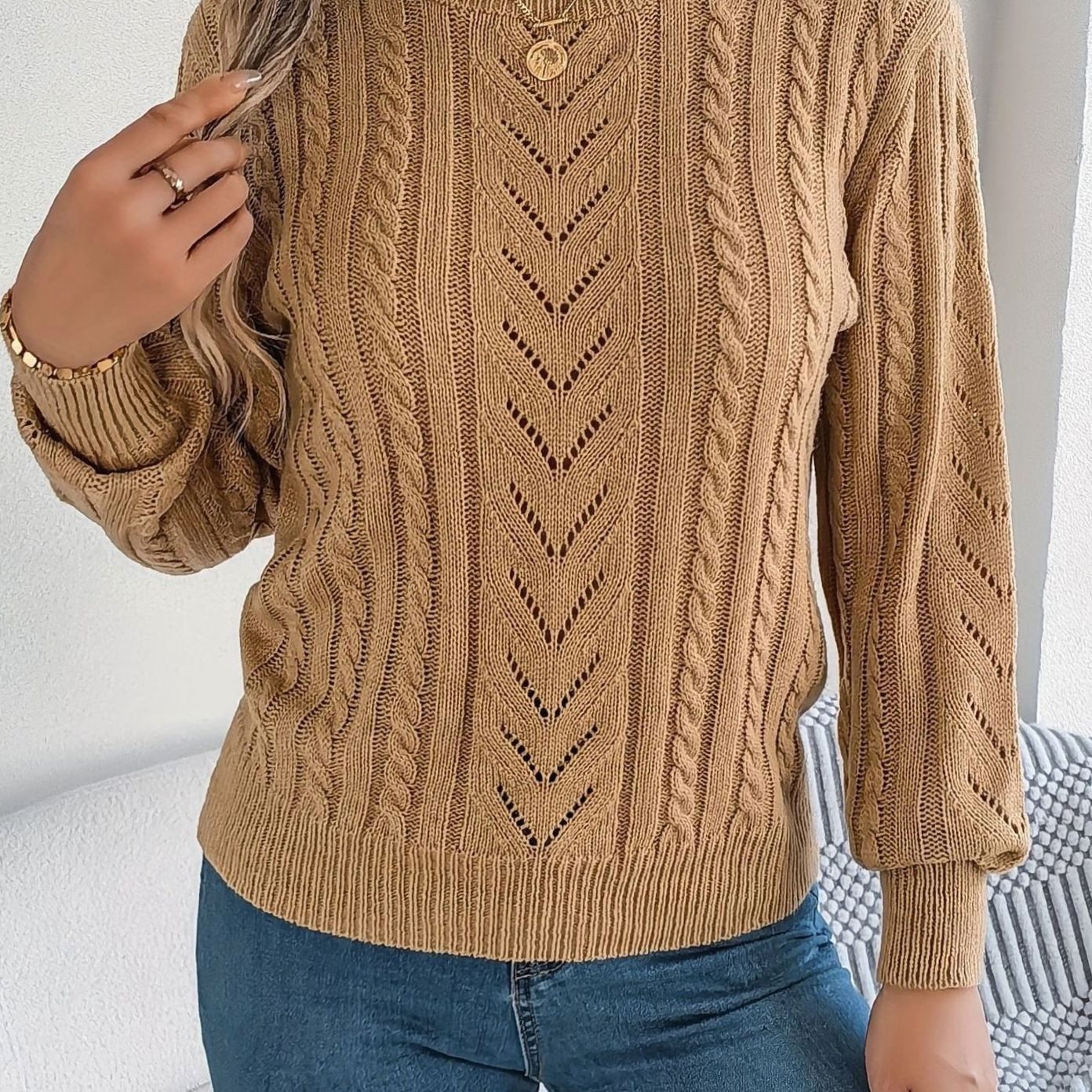 Mia | Women's Cable-Knit Openwork Relaxed Crewneck Sweater