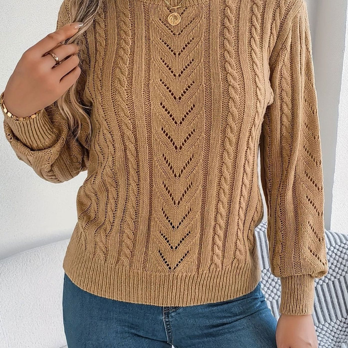 Mia | Women's Cable-Knit Openwork Relaxed Crewneck Sweater