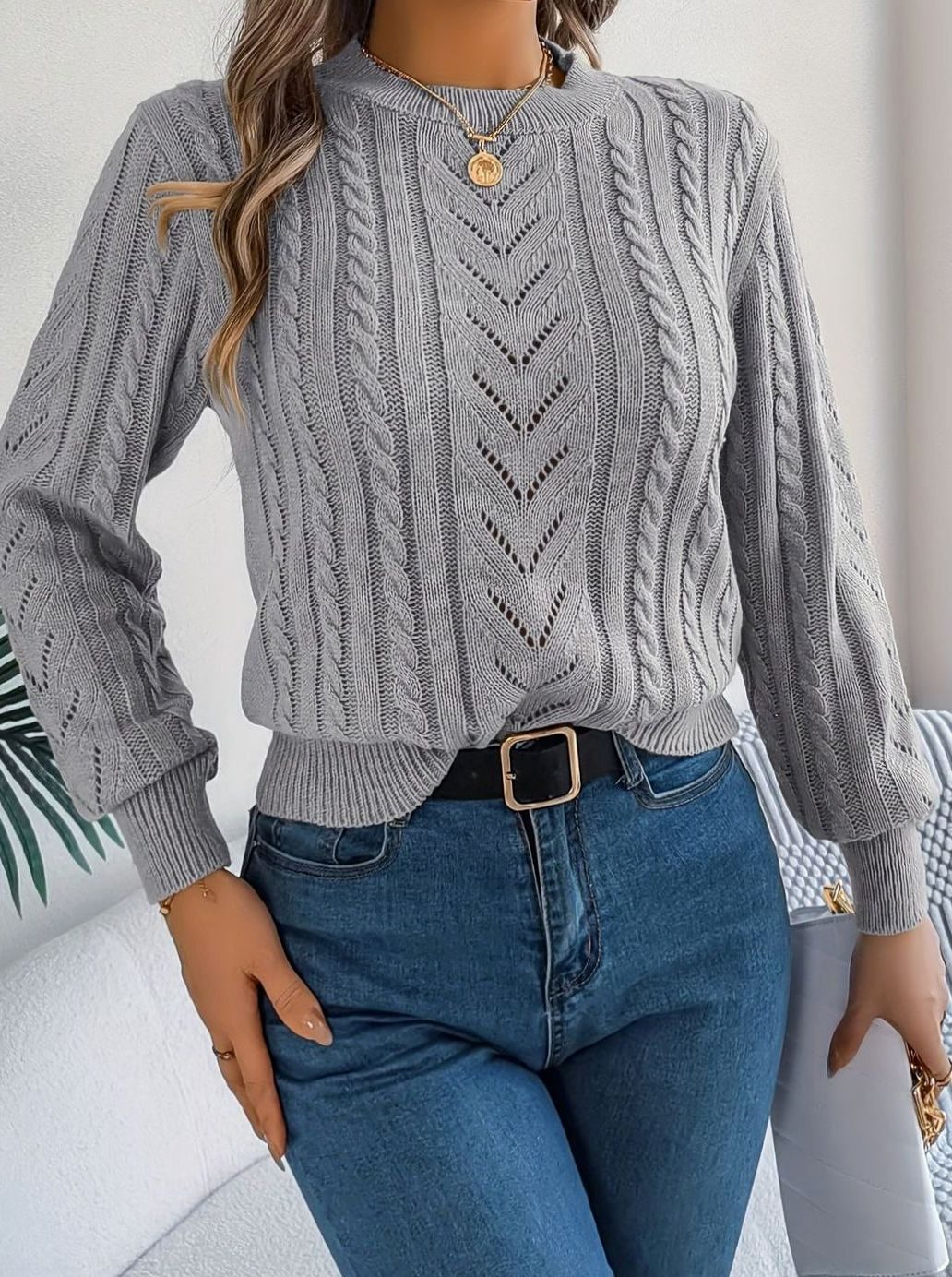 Mia | Women's Cable-Knit Openwork Relaxed Crewneck Sweater