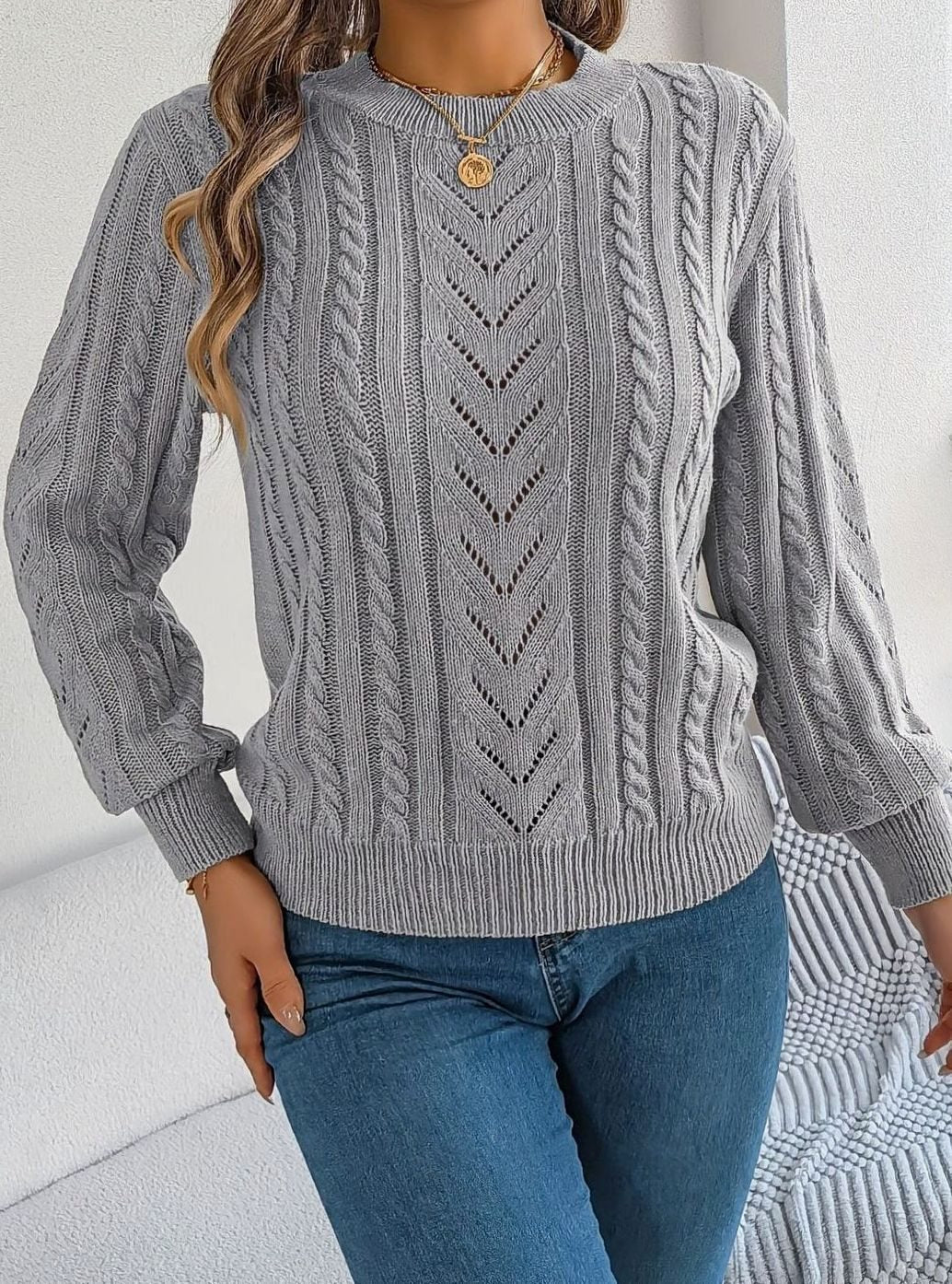 Mia | Women's Cable-Knit Openwork Relaxed Crewneck Sweater