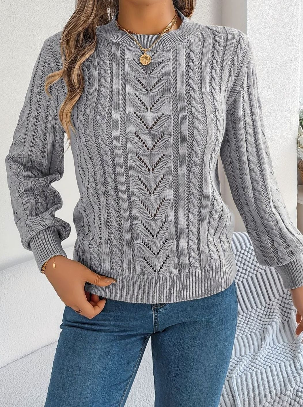 Mia | Women's Cable-Knit Openwork Relaxed Crewneck Sweater