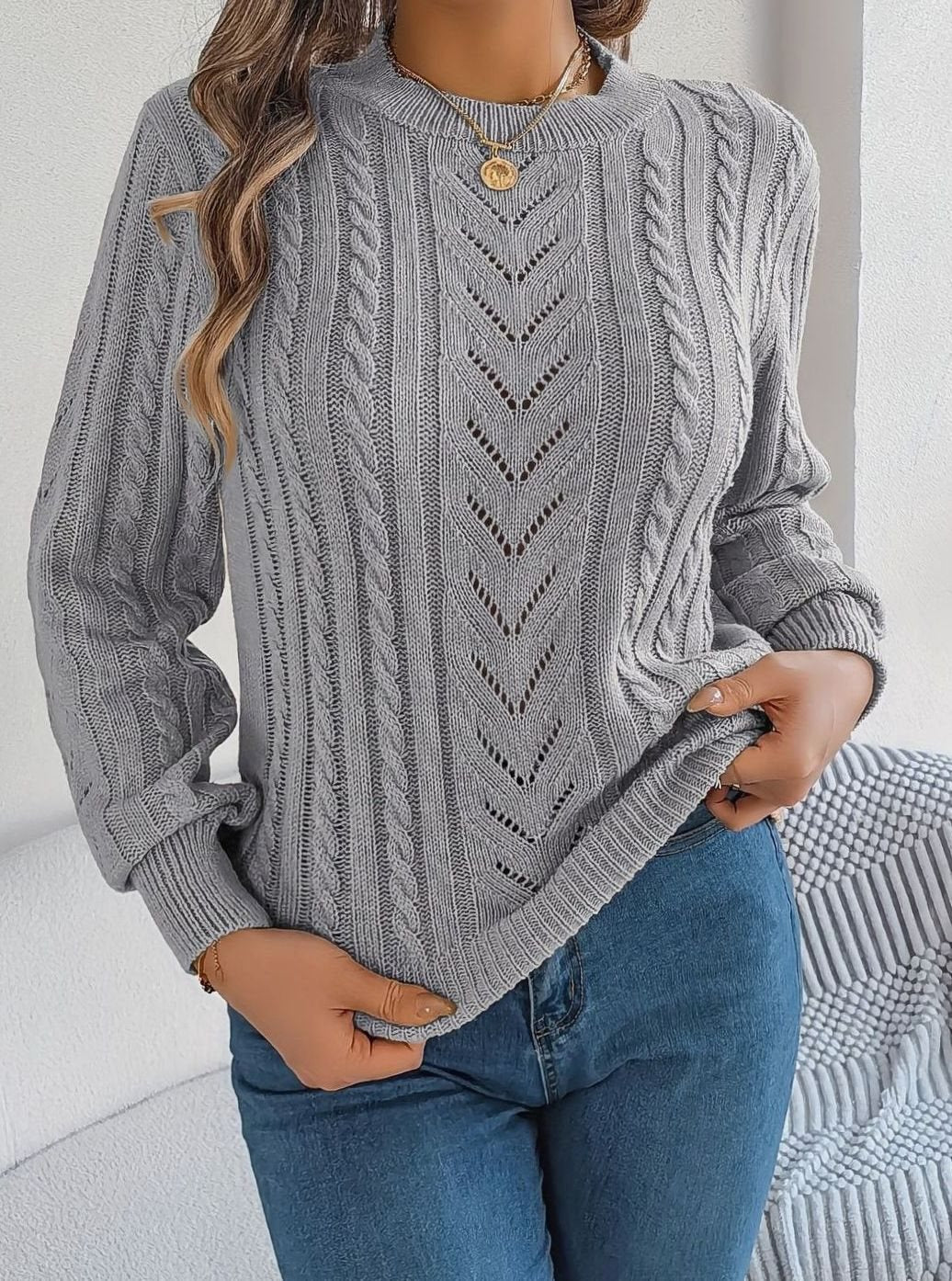 Mia | Women's Cable-Knit Openwork Relaxed Crewneck Sweater