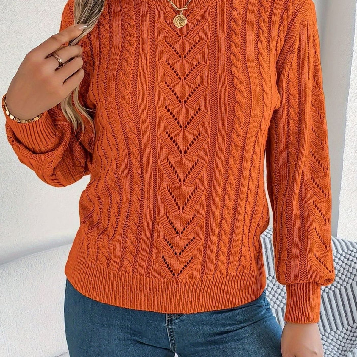 Mia | Women's Cable-Knit Openwork Relaxed Crewneck Sweater