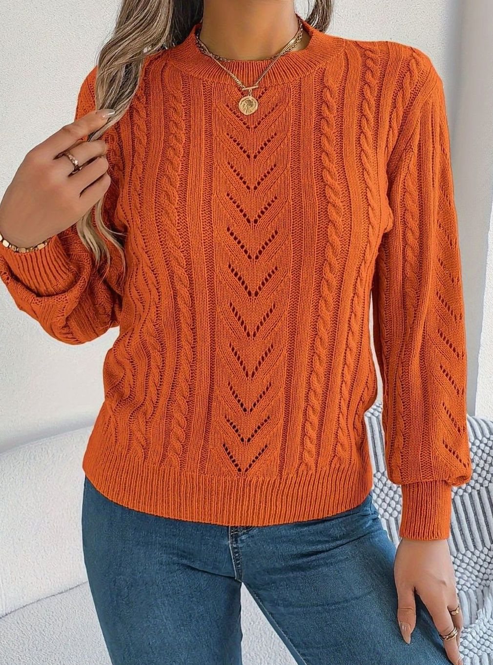 Mia | Women's Cable-Knit Openwork Relaxed Crewneck Sweater