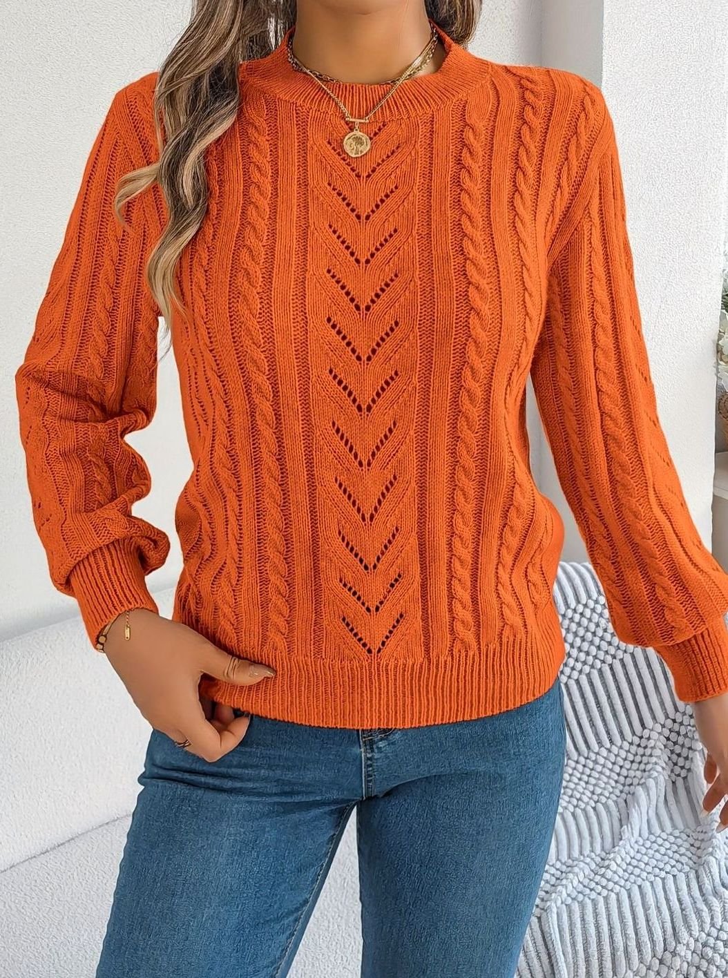 Mia | Women's Cable-Knit Openwork Relaxed Crewneck Sweater