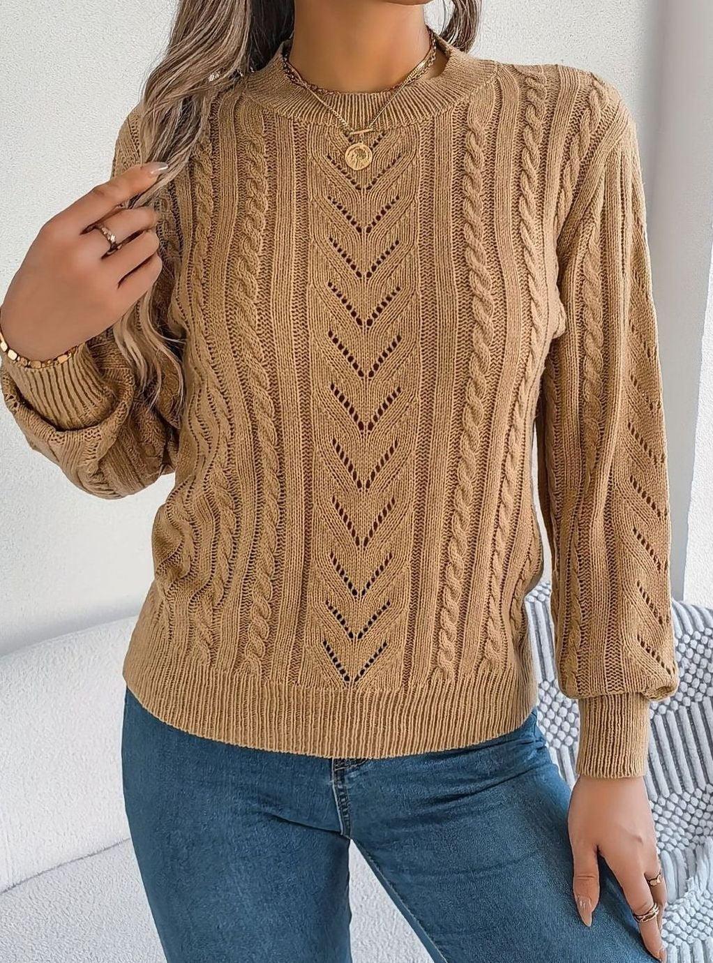 Mia | Women's Cable-Knit Openwork Relaxed Crewneck Sweater