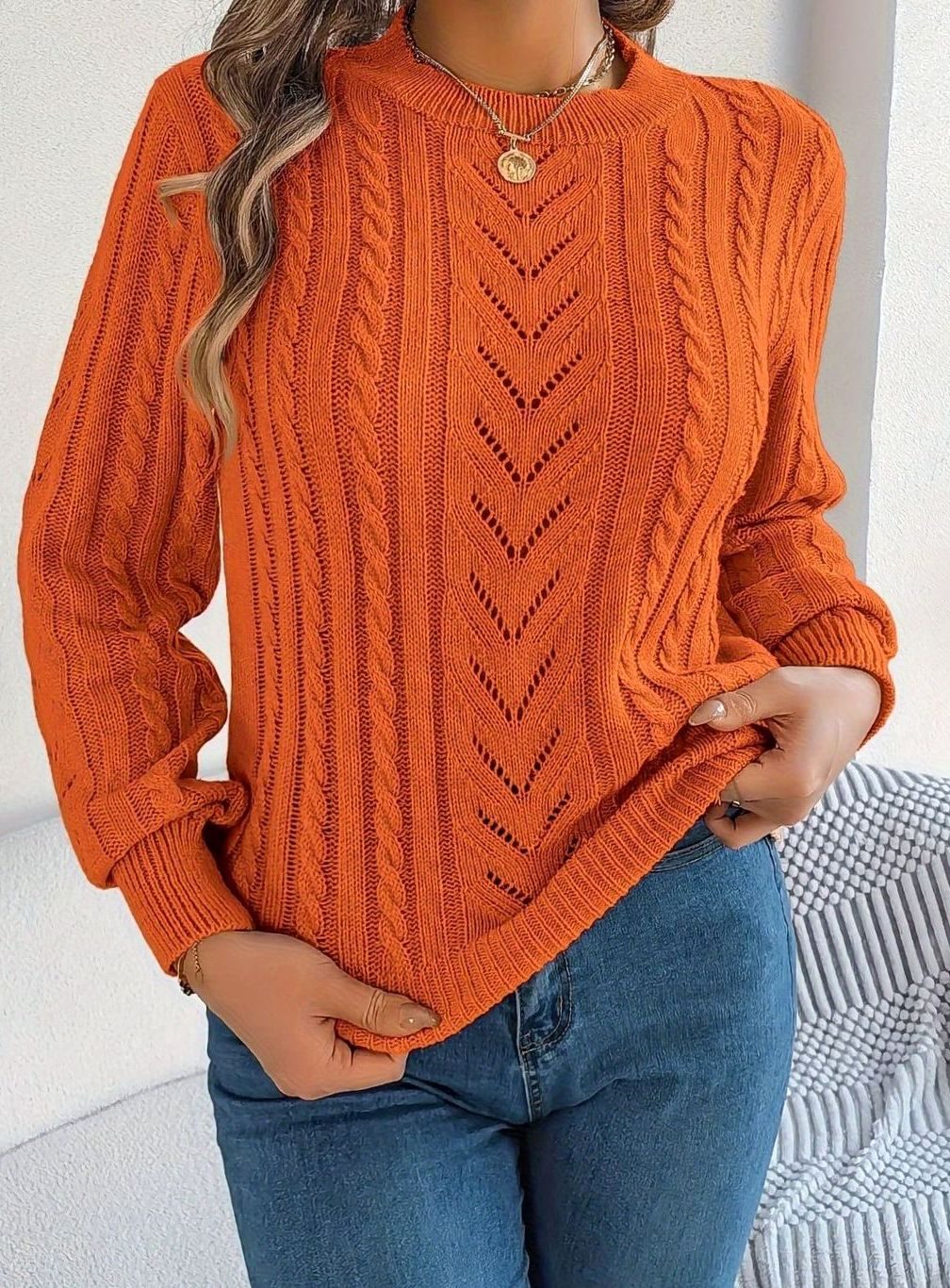 Mia | Women's Cable-Knit Openwork Relaxed Crewneck Sweater