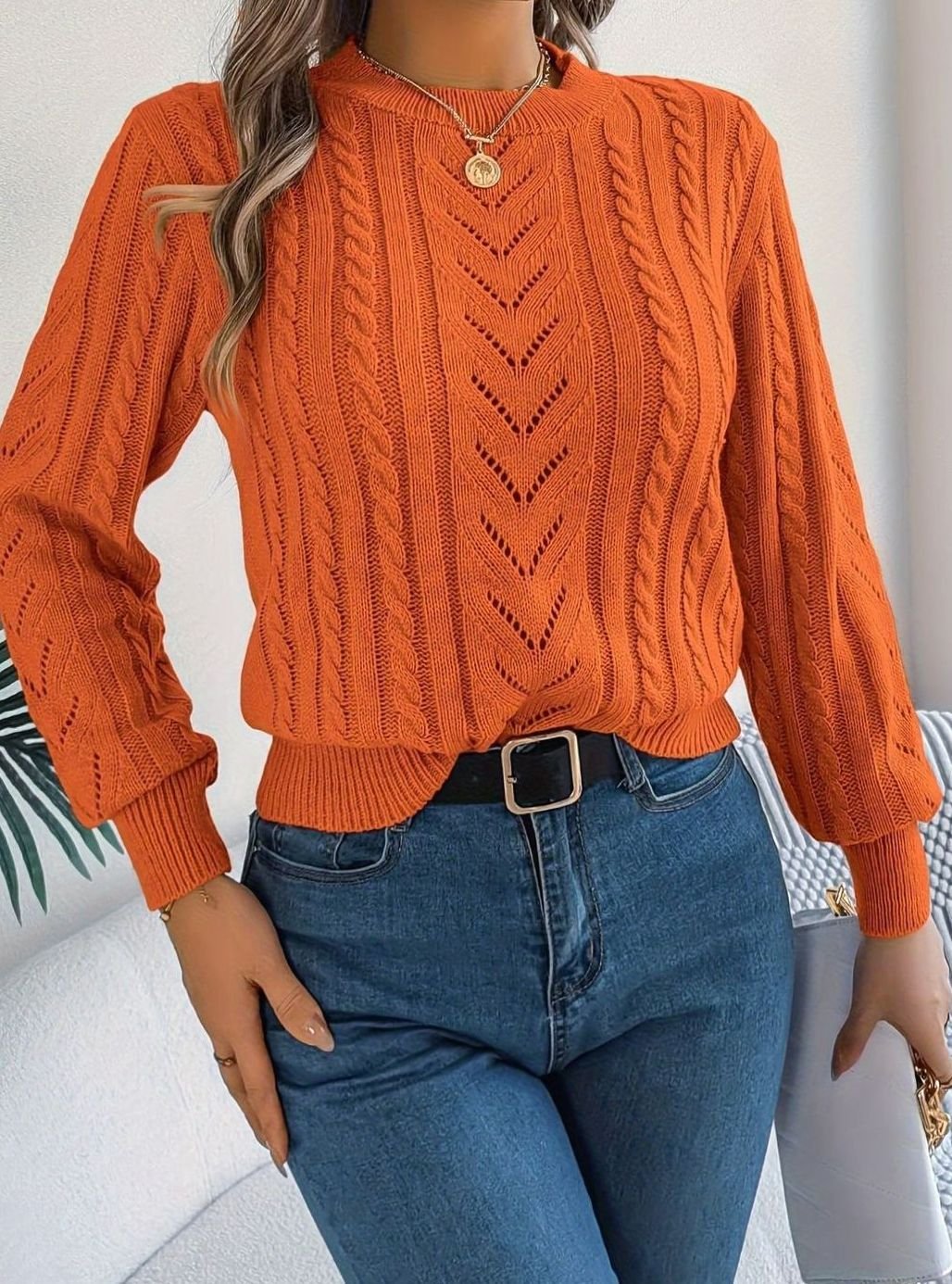 Mia | Women's Cable-Knit Openwork Relaxed Crewneck Sweater