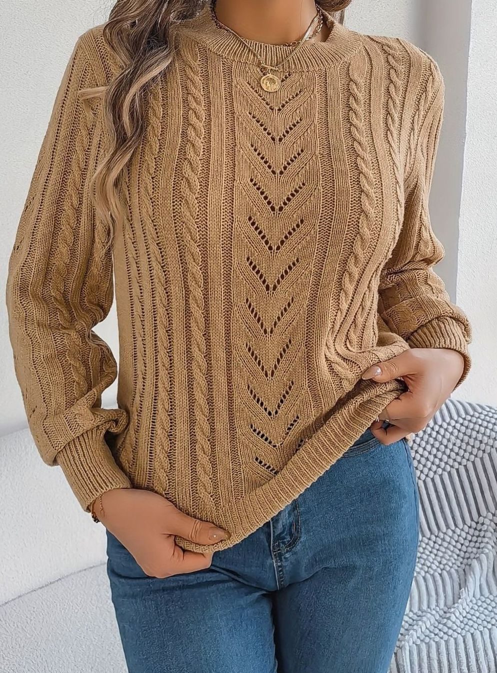 Mia | Women's Cable-Knit Openwork Relaxed Crewneck Sweater