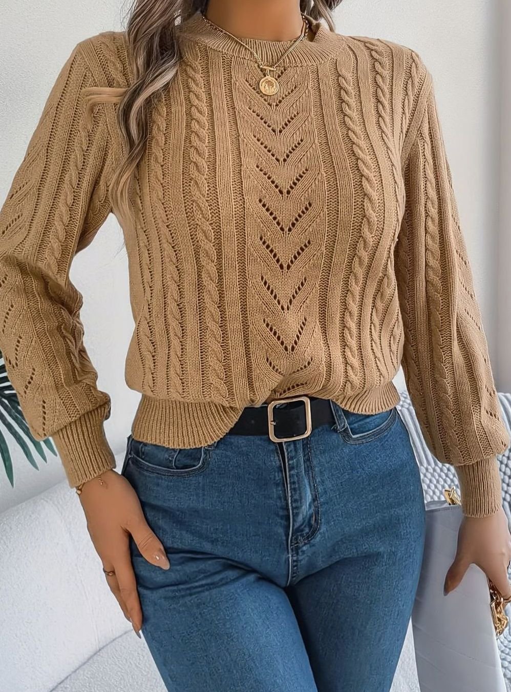 Mia | Women's Cable-Knit Openwork Relaxed Crewneck Sweater