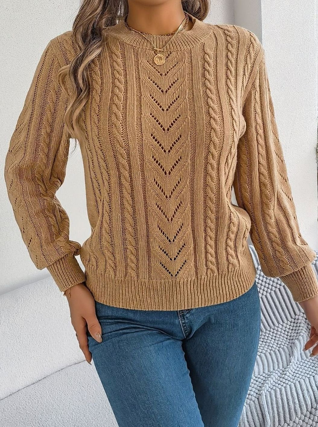 Mia | Women's Cable-Knit Openwork Relaxed Crewneck Sweater