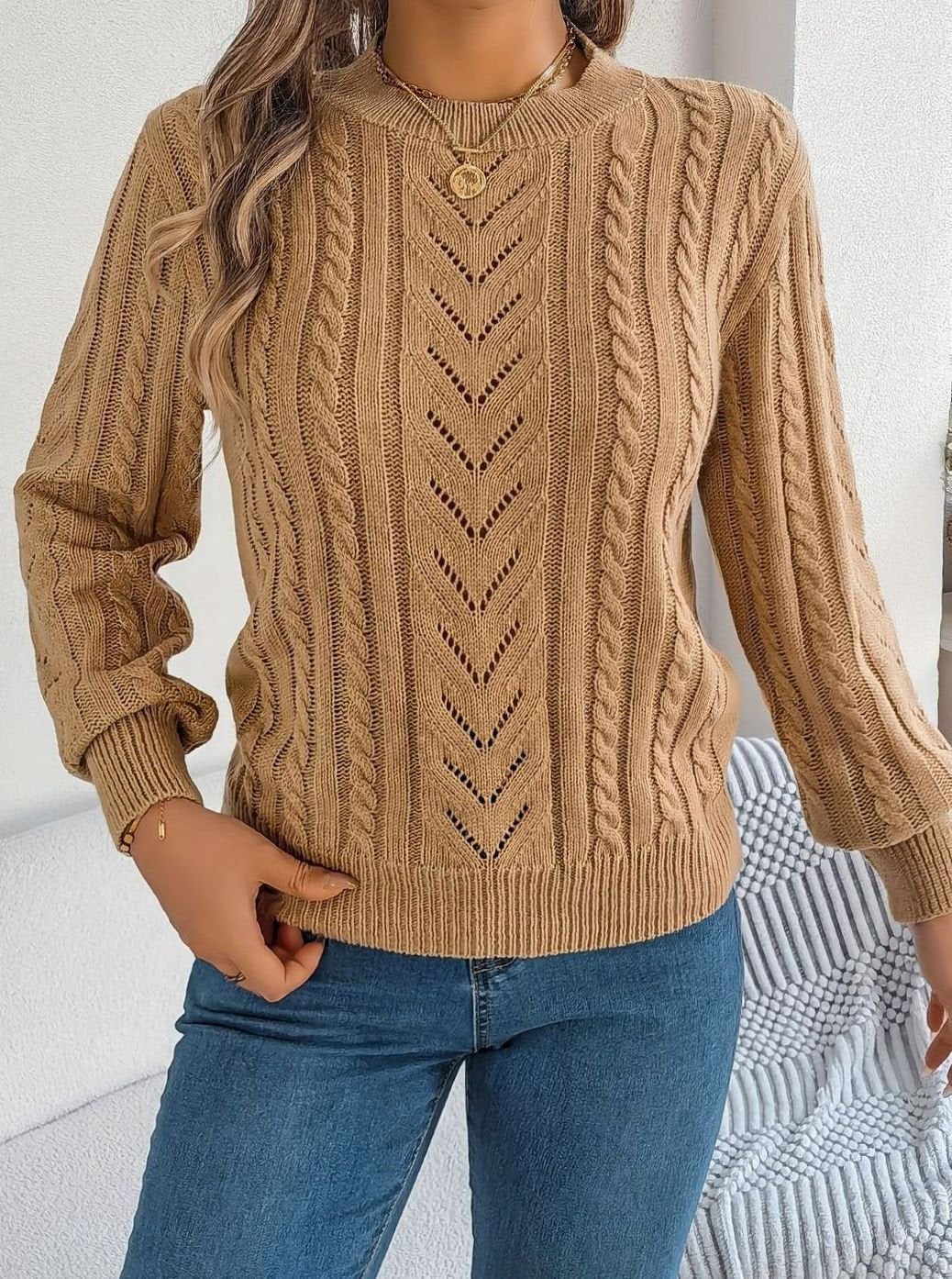 Mia | Women's Cable-Knit Openwork Relaxed Crewneck Sweater
