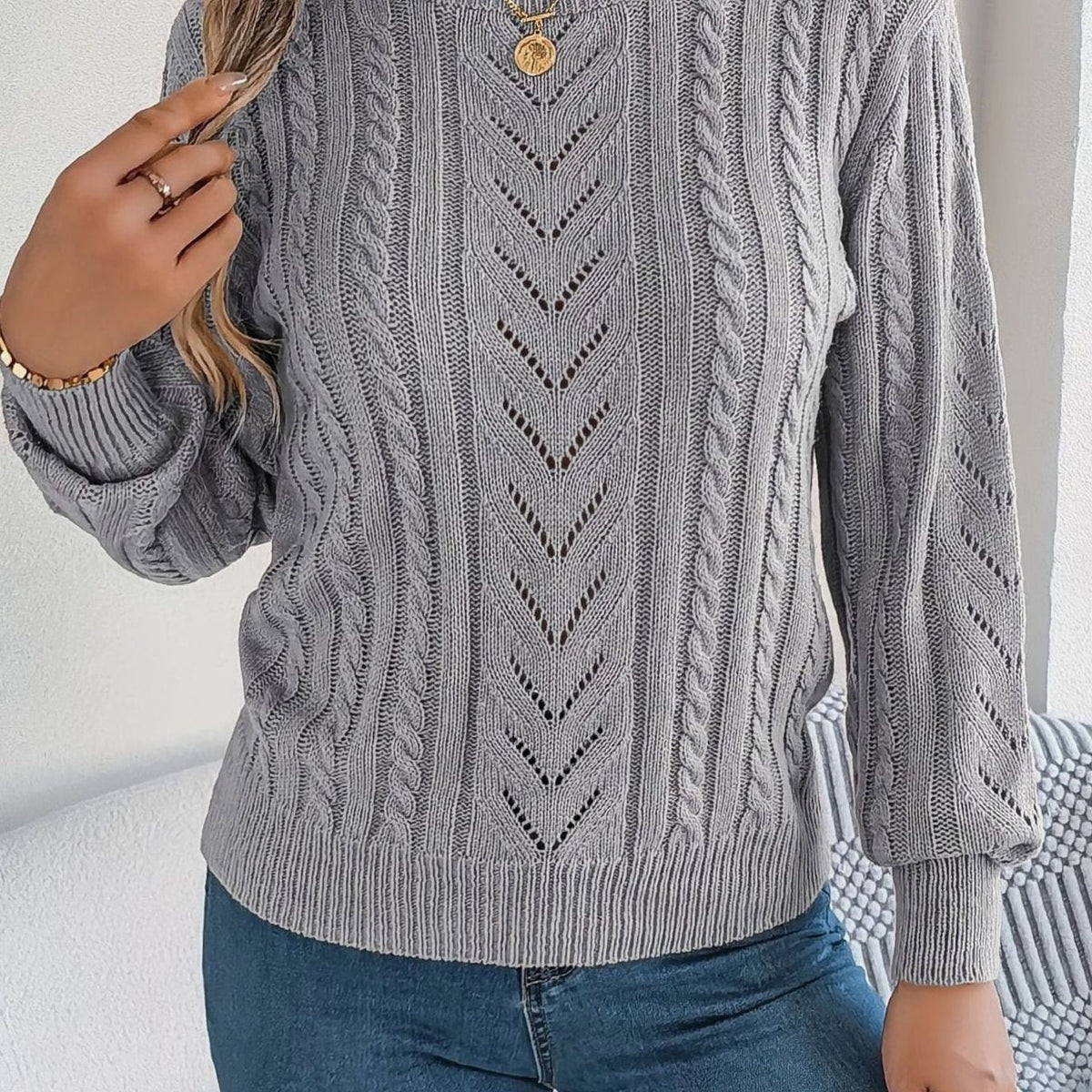 Mia | Women's Cable-Knit Openwork Relaxed Crewneck Sweater