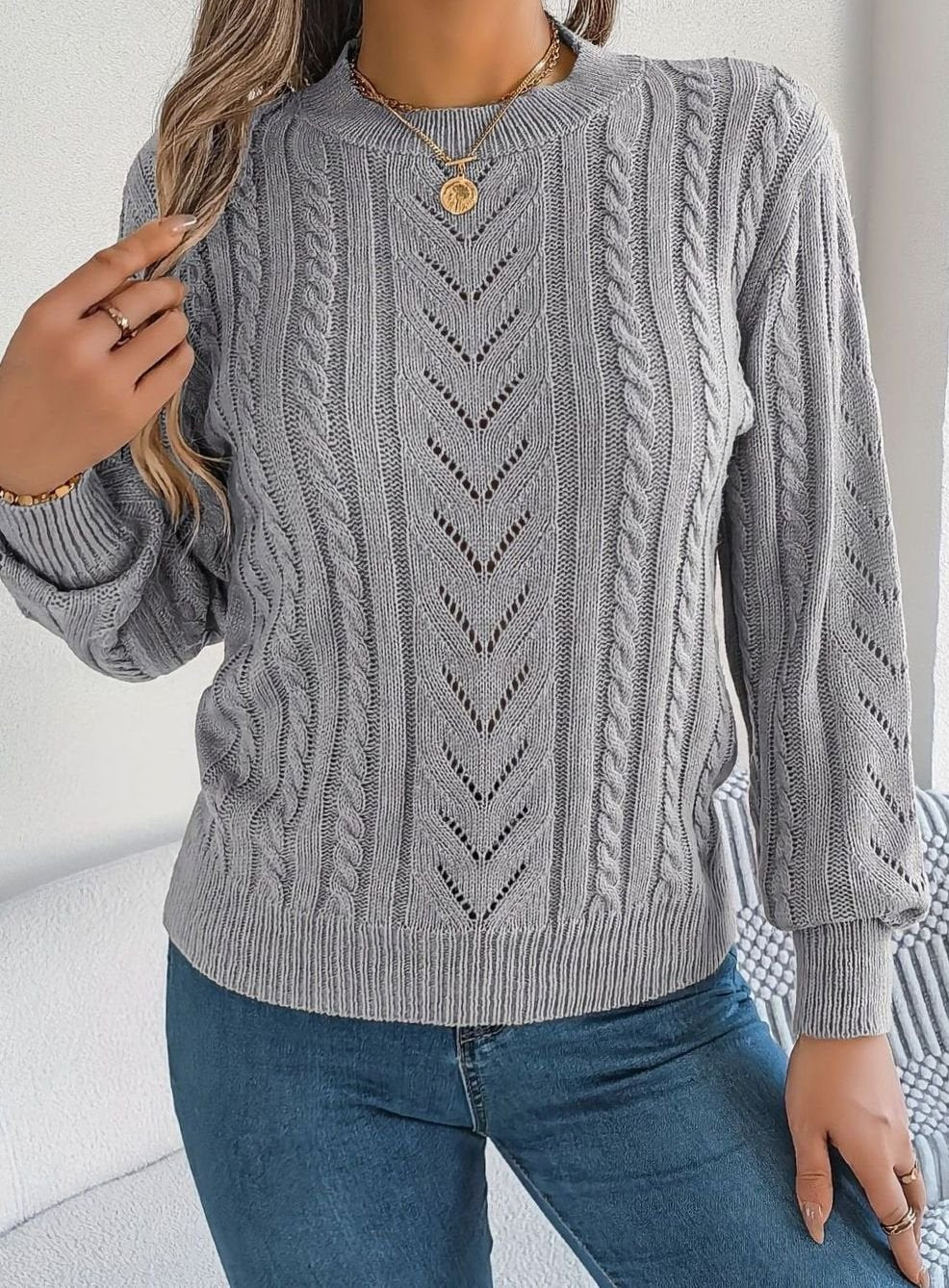 Mia | Women's Cable-Knit Openwork Relaxed Crewneck Sweater