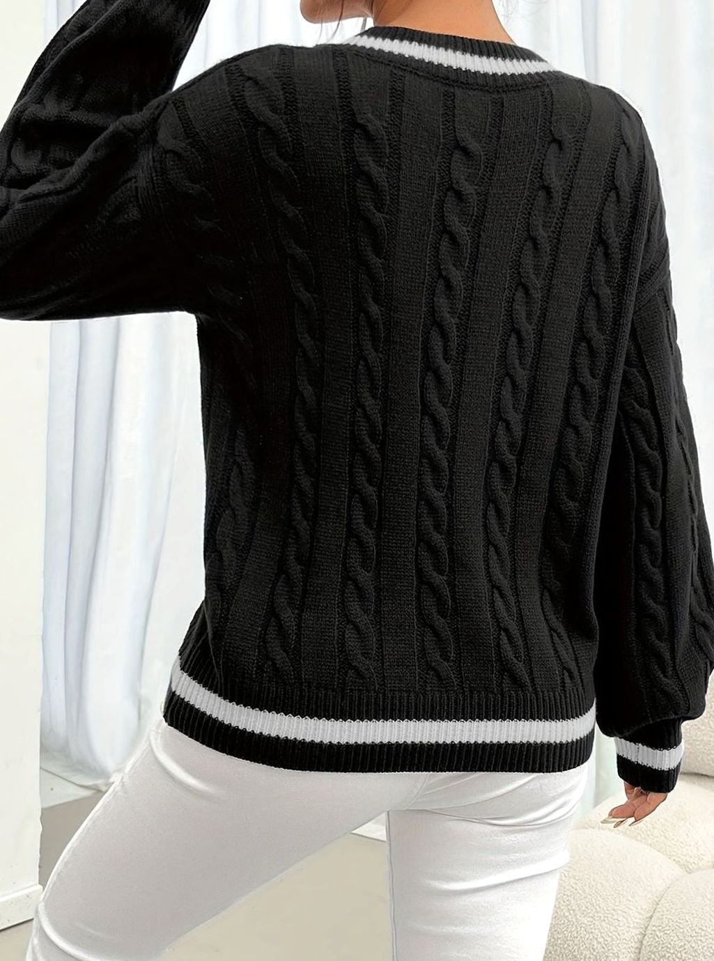 Sophia | Women's Cable-Knit V-Neck Drop-Shoulder Sweater