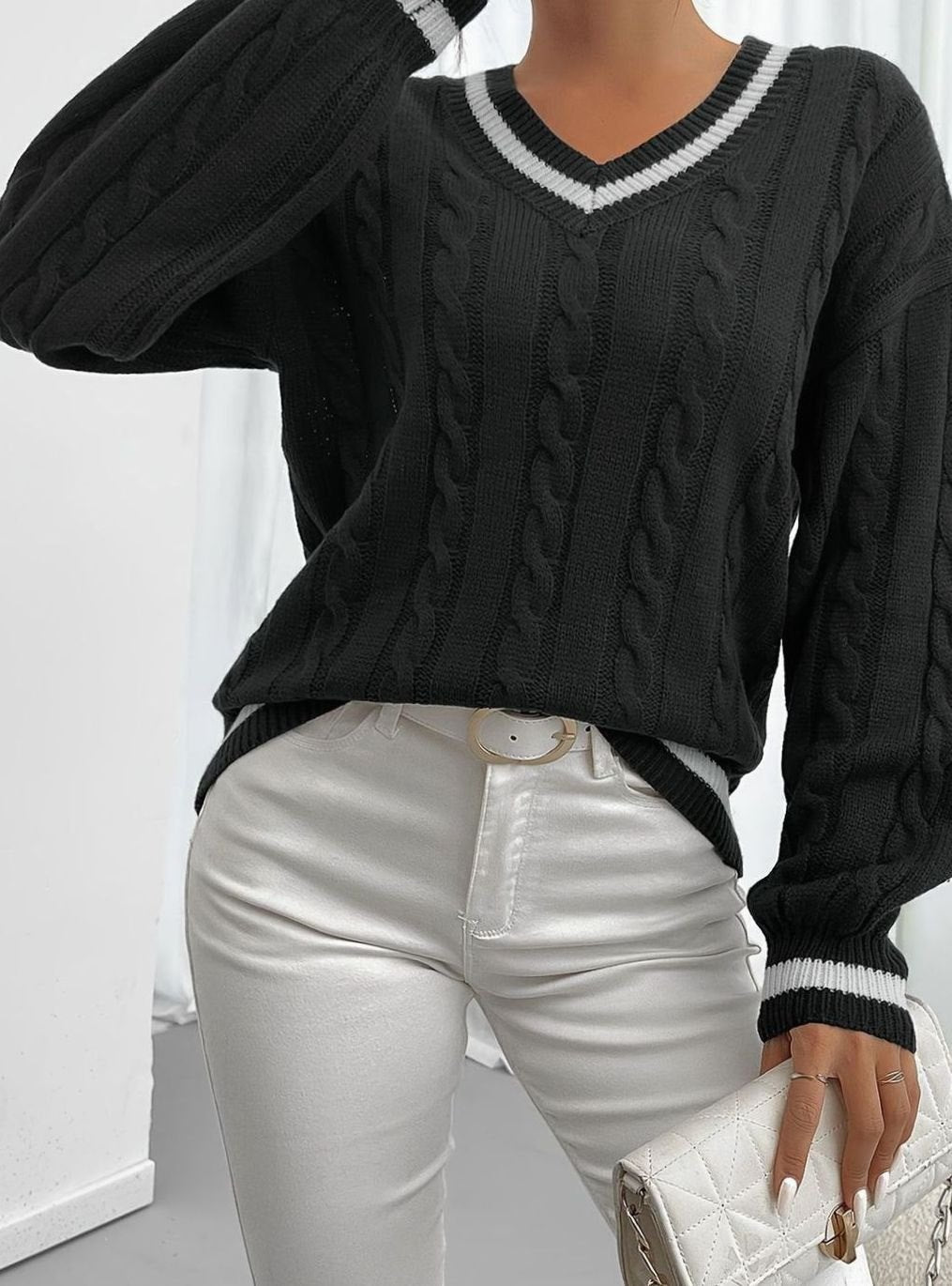 Sophia | Women's Cable-Knit V-Neck Drop-Shoulder Sweater