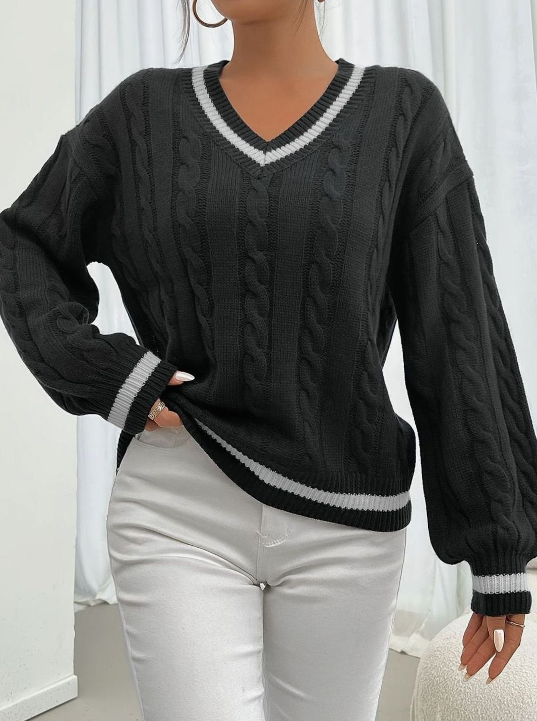 Sophia | Women's Cable-Knit V-Neck Drop-Shoulder Sweater