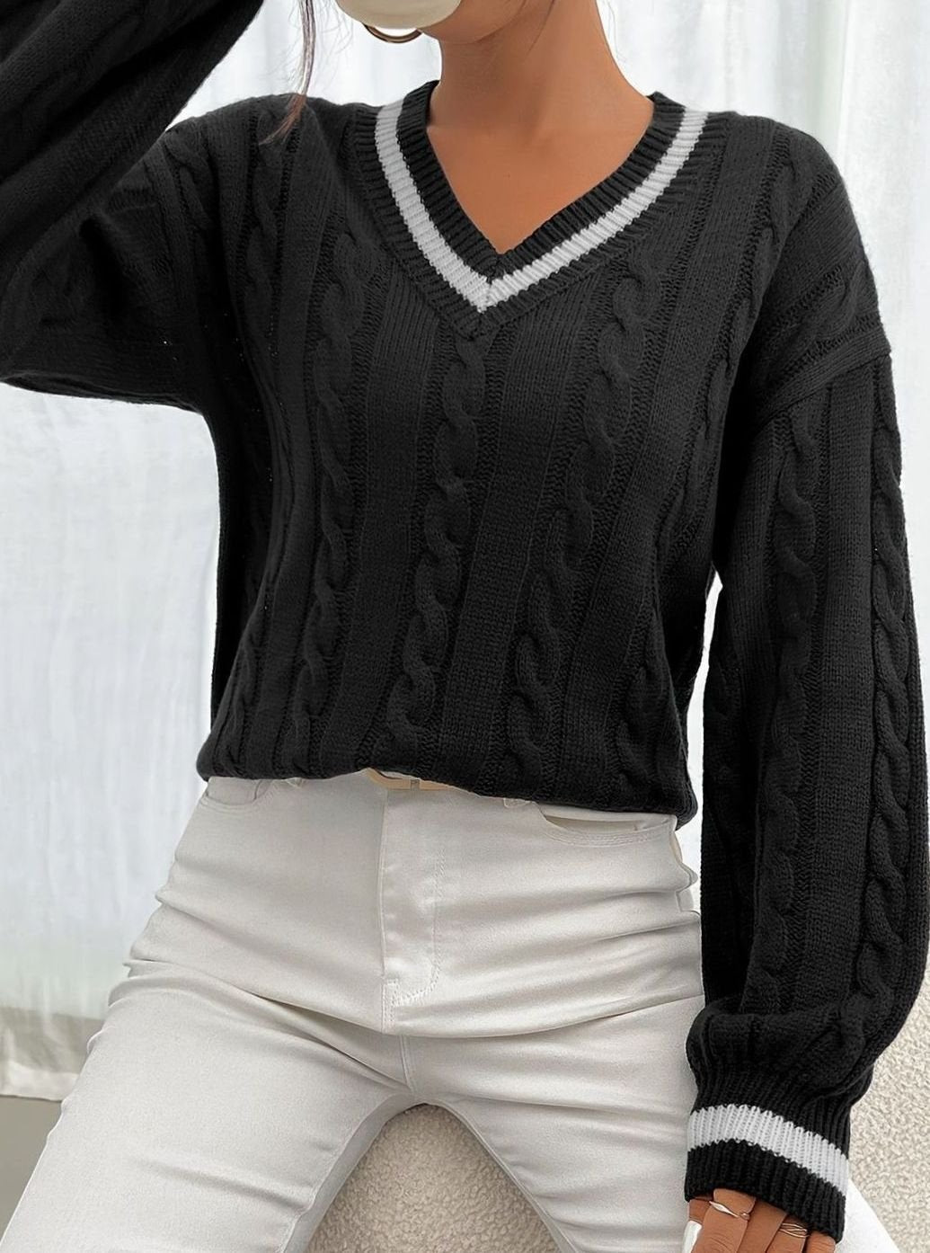 Sophia | Women's Cable-Knit V-Neck Drop-Shoulder Sweater