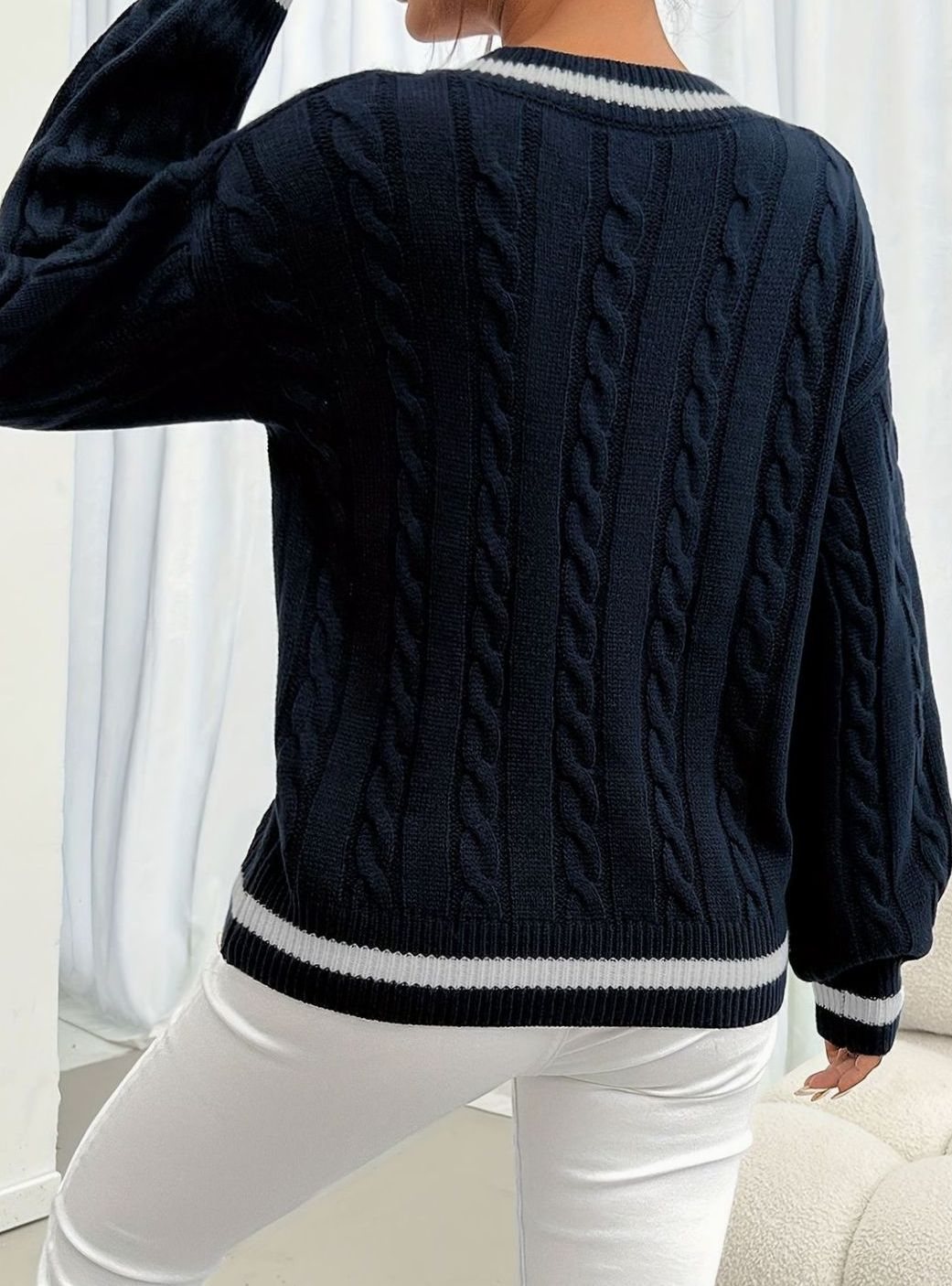 Sophia | Women's Cable-Knit V-Neck Drop-Shoulder Sweater