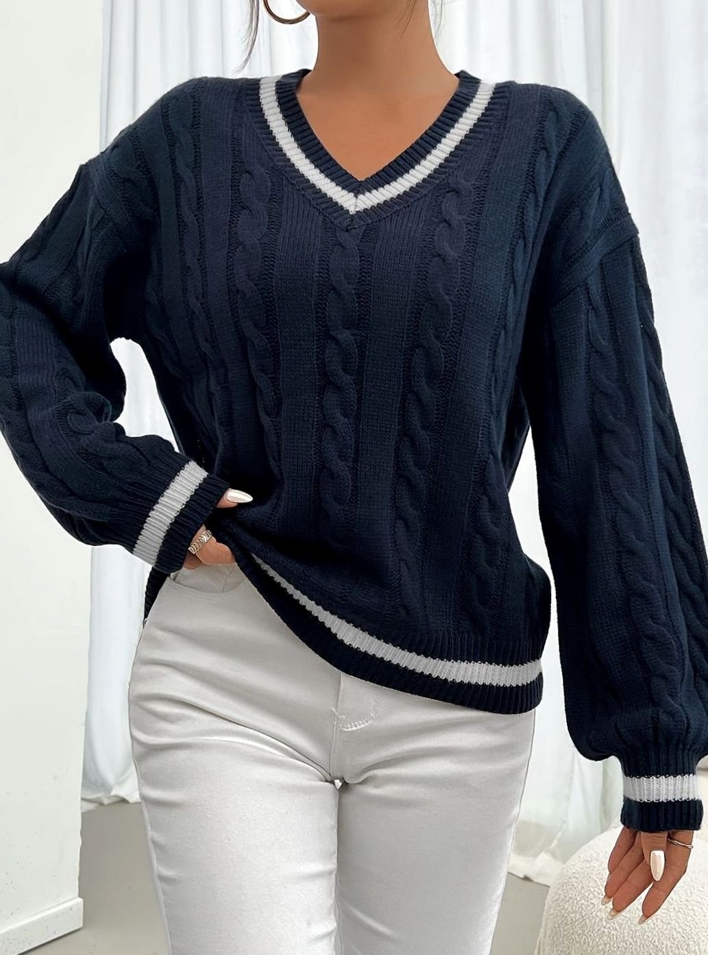 Sophia | Women's Cable-Knit V-Neck Drop-Shoulder Sweater