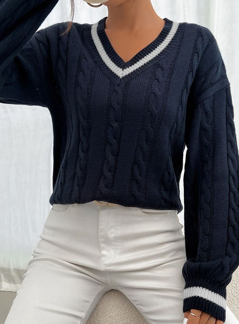 Sophia | Women's Cable-Knit V-Neck Drop-Shoulder Sweater