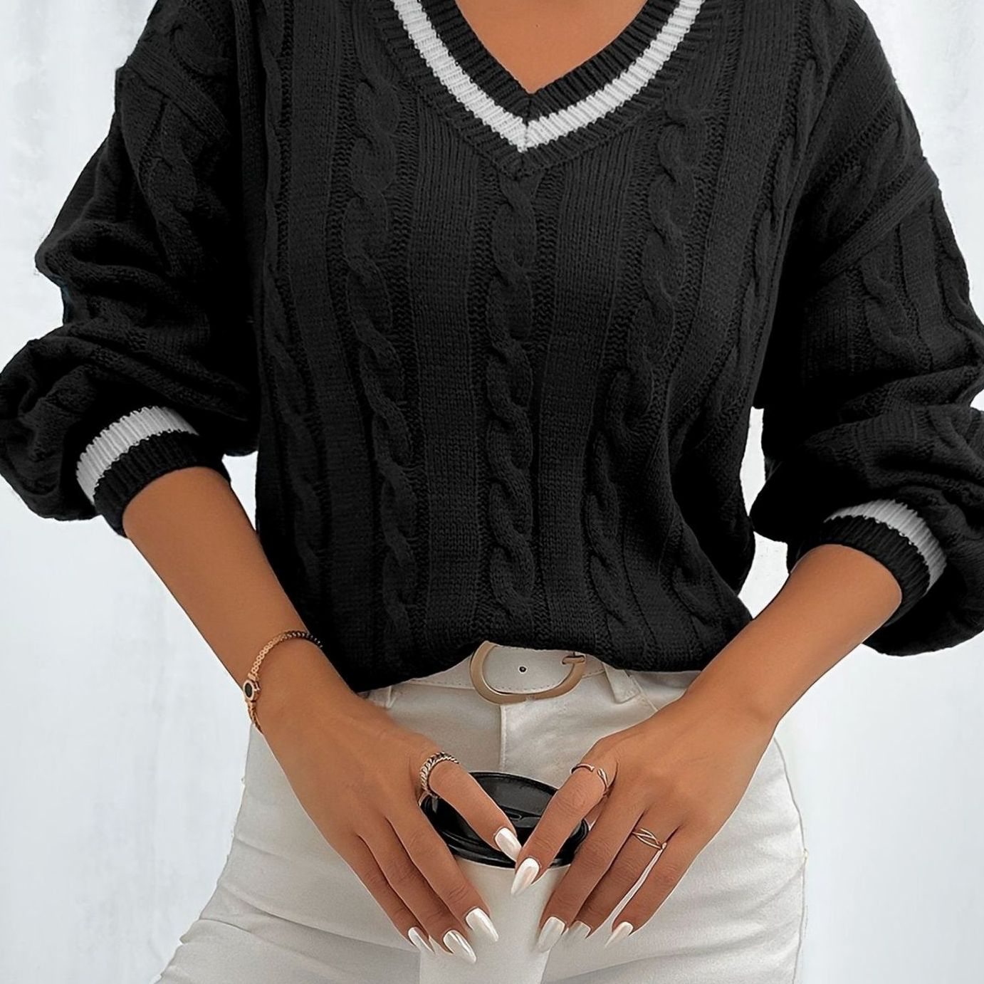 Sophia | Women's Cable-Knit V-Neck Drop-Shoulder Sweater