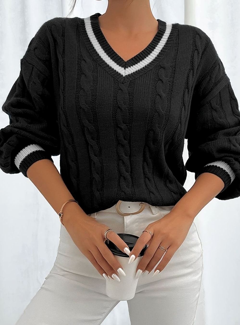 Sophia | Women's Cable-Knit V-Neck Drop-Shoulder Sweater