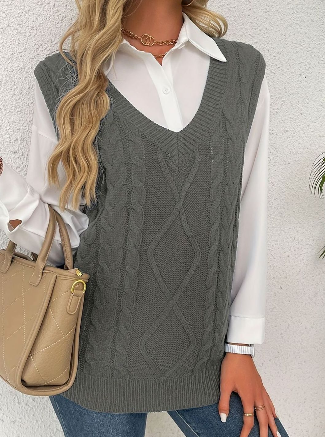 Camila | Women's Cable-Knit V-Neck Sweater Vest Relaxed Fit