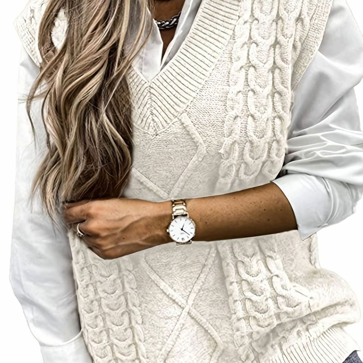 Camila | Women's Cable-Knit V-Neck Sweater Vest Relaxed Fit