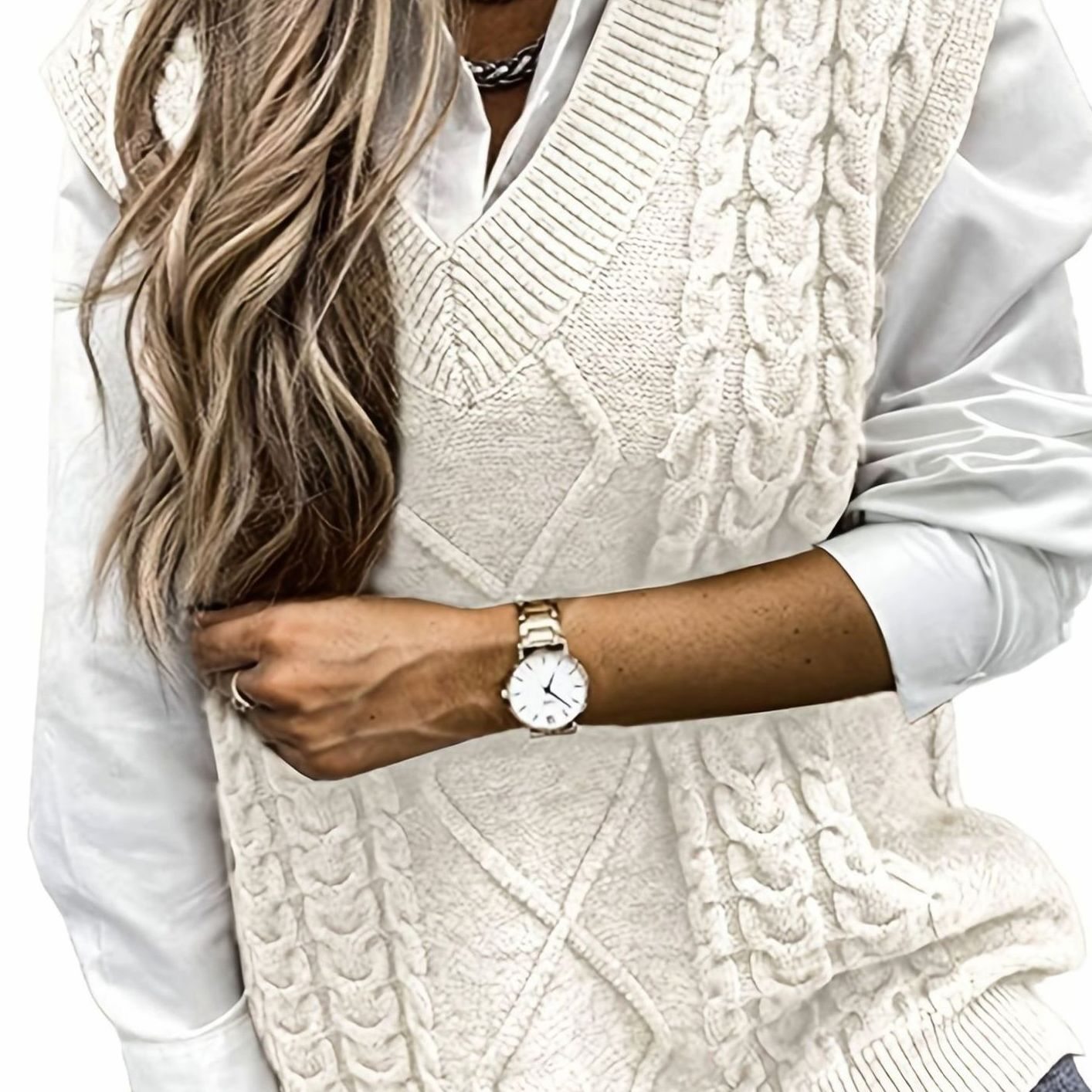 Camila | Women's Cable-Knit V-Neck Sweater Vest Relaxed Fit