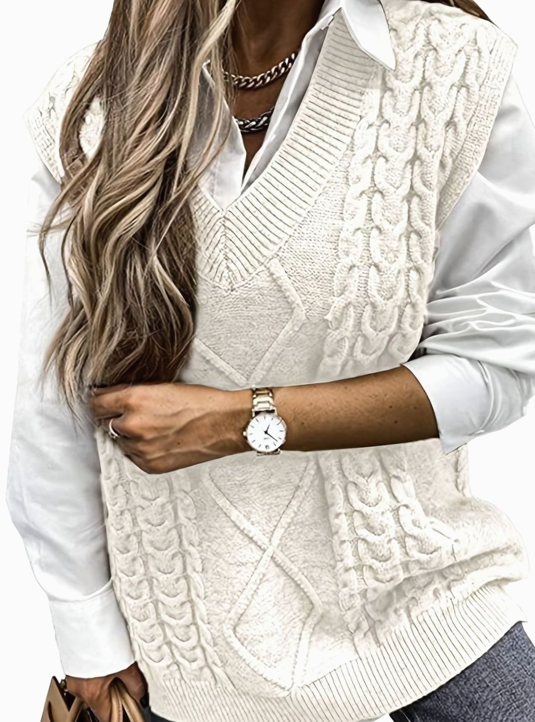 Camila | Women's Cable-Knit V-Neck Sweater Vest Relaxed Fit