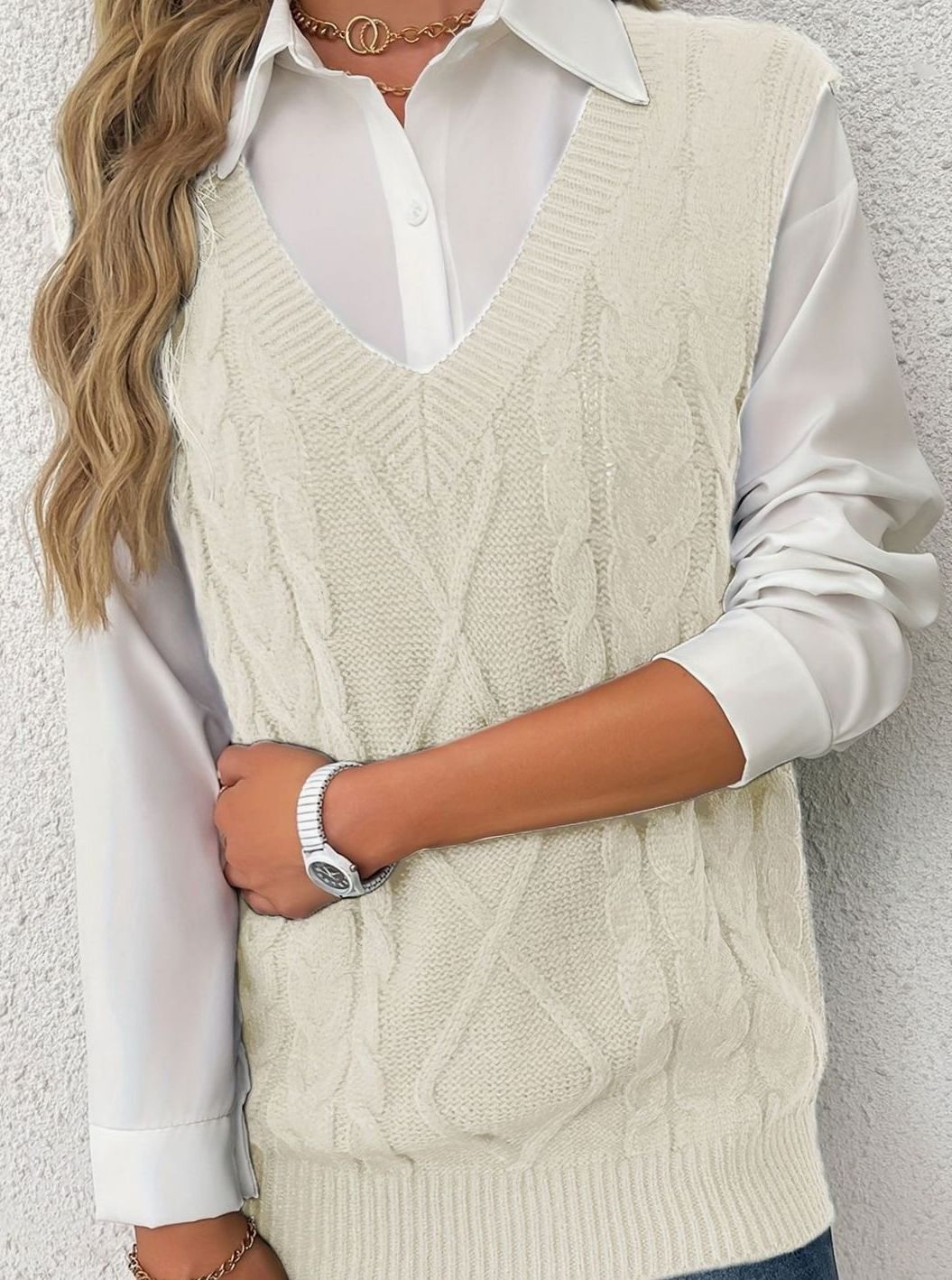 Camila | Women's Cable-Knit V-Neck Sweater Vest Relaxed Fit